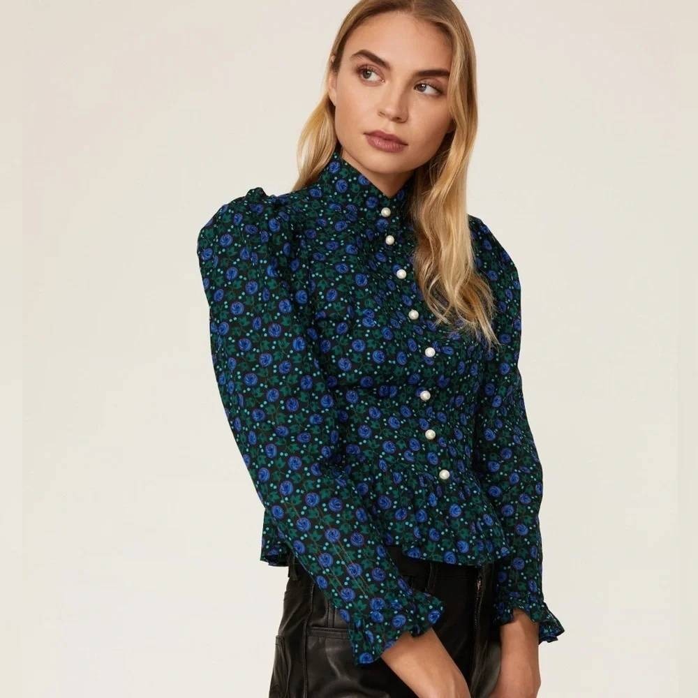 Anna Sui x Batsheva Floral Peplum Blouse Mock Neck Pearl Button Top Blue Green 8